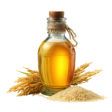 Bottle of rice bran oil is elegantly displayed with rice grains and stalks, showcasing its natural golden hue. This evokes sense of health and culinary delight