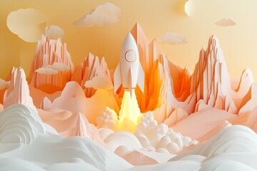 Paper Craft Rocket Launching Over Orange Mountains Startup Success Concept