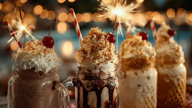Decadent milkshakes with whipped cream and cherries festive sparkler lights