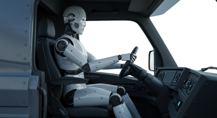 Autonomous Vehicle Robot Driver in Modern Truck Cab Interior