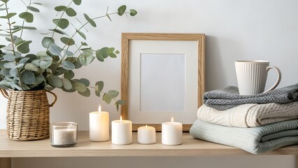 "Horizontal shelf mockup scene with small standing frame, eucalyptus branches, ceramic mug, candles and folded textiles"
