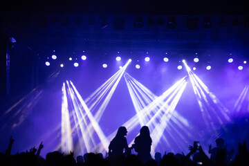 Crowd at concert and colorful stage lights.