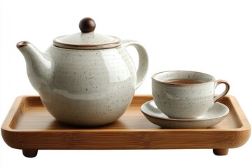 Speckled Ceramic Teapot and Teacup on Bamboo Tray Relaxing Tea Time Still Life