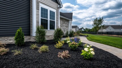 Landscaped walkway beside house, mulch, plants