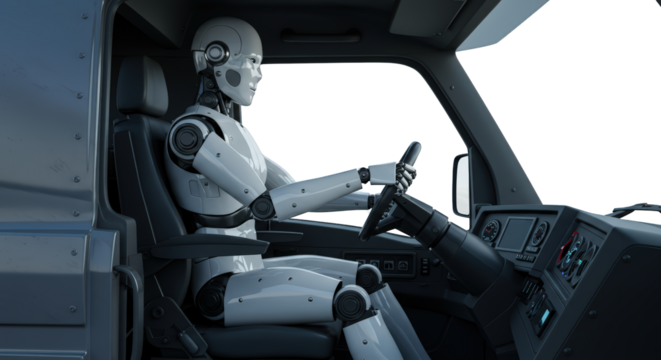 Autonomous Vehicle Robot Driver in Modern Truck Cab Interior