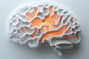 Abstract White Brain Model with Internal Orange Glow Layered Paper Art Neuroscience Concept