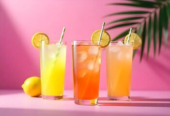 Colorful summer lemonade cocktails with fruit, ice, and striped paper straws. Refreshing pastel beverages on pink background. Perfect for party themes, menus, or promotions.