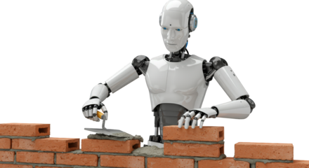 Humanoid Robot Constructing Brick Wall AI Automation in Construction Industry