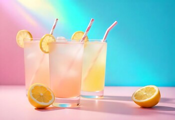 Colorful summer lemonade cocktails with fruit, ice, and striped paper straws. Refreshing pastel beverages on pink background. Perfect for party themes, menus, or promotions.