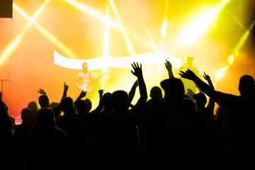 Crowd at concert and colorful stage lights.