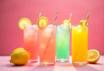 Colorful summer lemonade cocktails with fruit, ice, and striped paper straws. Refreshing pastel beverages on pink background. Perfect for party themes, menus, or promotions.