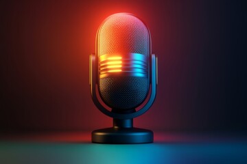 Retro Microphone in Neon Light Broadcast Podcast Recording Studio