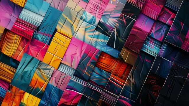 A woven parallelograms, textile-inspired design, vibrant colors, digital art, geometric design, modern aesthetic, dynamic composition, artistic abstraction, Generative AI Videos.