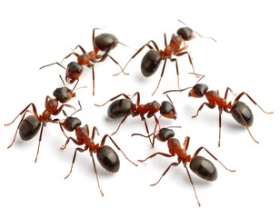 Six dark brown ants clustered on white background