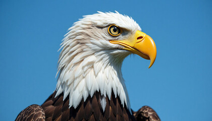 Fototapeta premium Majestic Bald Eagle Portrait Against a Bright Blue Sky Depicting Freedom and Wildlife