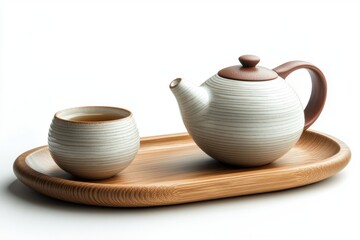 Elegant Tea Set Ceramic Teapot and Cup on Wooden Tray Asian Inspired Design