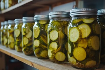 Homemade Pickled Cucumbers in Glass Jars on Wooden Shelf Fermented Food Preservation