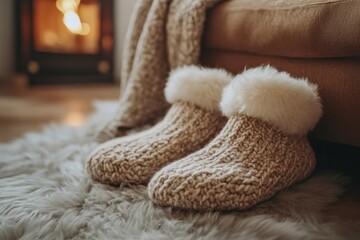 Cozy Knitted Slippers with Faux Fur Trim on Fluffy Rug near Fireplace