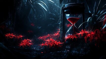 Hourglass Displayed Among Red Spider Lilies In A Dark Atmospheric Forest Scene