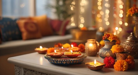 Cozy Indian home glowing with Diwali lights and flower decorations.