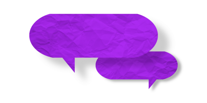 Purple speech bubble crumpled paper isolated on transparent background