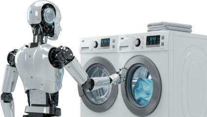 Futuristic Robot Loading Laundry into Modern Washer and Dryer