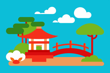 Naklejka premium Japanese Garden with Koi Pond and Red Bridge Illustration