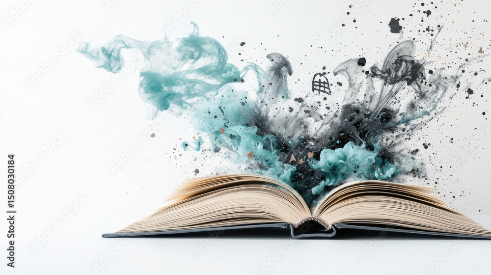 Poster an open book with a captivating wave of vibrant expressive ink flowing out symbolizing the power of 