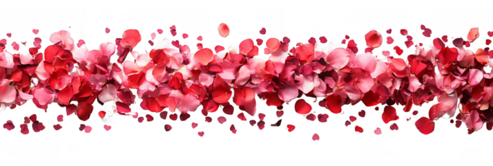 A dense horizontal arrangement of pink and red rose petals scattered in a decorative line.