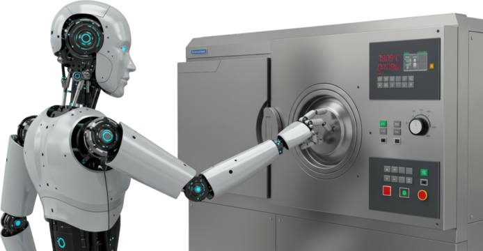 Futuristic Robot Interacting with Advanced Industrial Machine Automation Technology