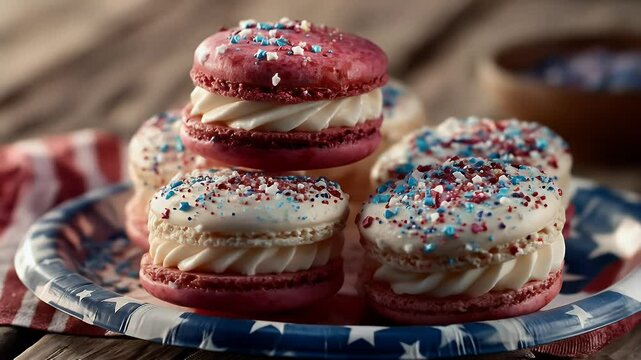 Delicious red and white macarons with sprinkles close up