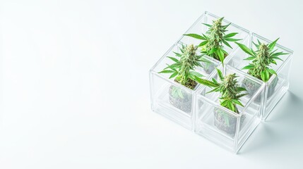 Cannabis and mental health concept. Plants in clear containers arranged in a geometric pattern on a minimalistic surface.