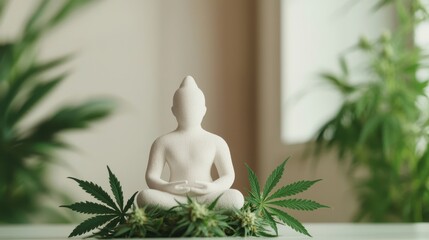 Cannabis and mental health concept. Meditative sculpture surrounded by greenery in a serene setting.