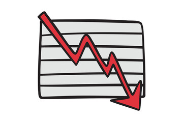 infographic chart fall business down arrow red icon doodle hand drawn. colorful cartoon line drawing clipart symbol business bust