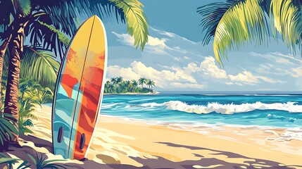 Colorful surfboard on a tropical beach scene.