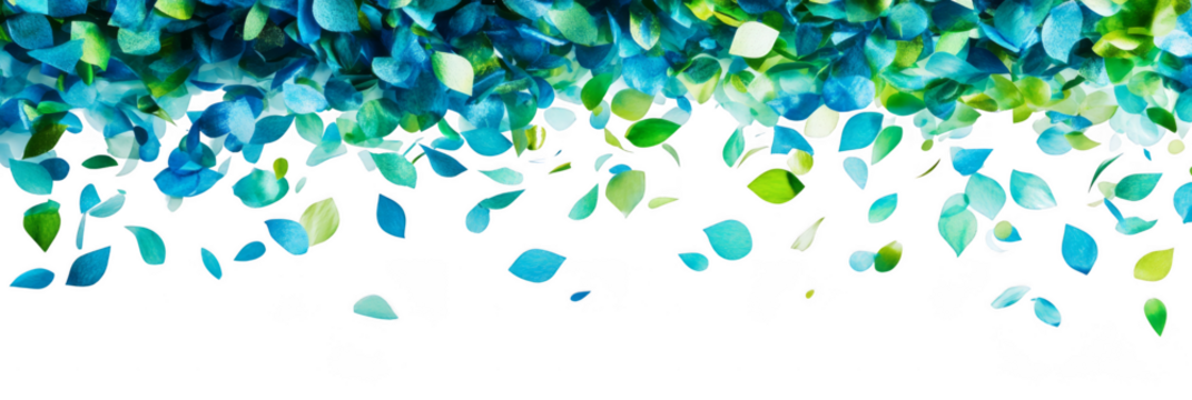 Vibrant blue and green leaves cascade from the top against a black background, creating a fresh and dynamic nature-inspired scene.