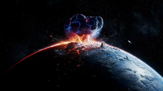 Dramatic depiction of a planet experiencing a cataclysmic explosion, with fiery debris scattering into space against a cosmic backdrop - earth exploding