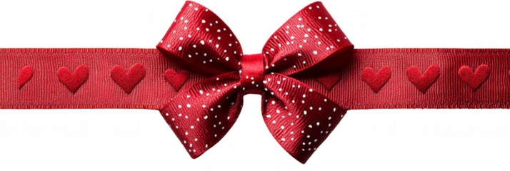 A red ribbon with a bow decorated with white dots and heart patterns.