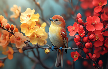 Vibrant Bird Perched on Blossoming Branches