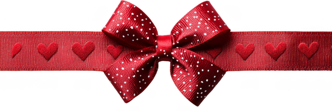 A red ribbon with a bow decorated with white dots and heart patterns.