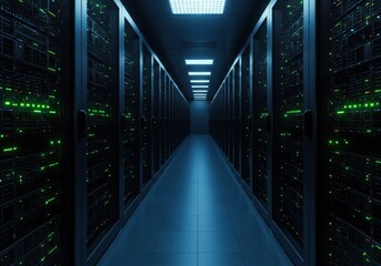 Server room with rows of computer servers and green indicator lights, dark blue tone