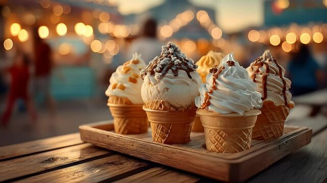 Ice cream cones on wooden tray