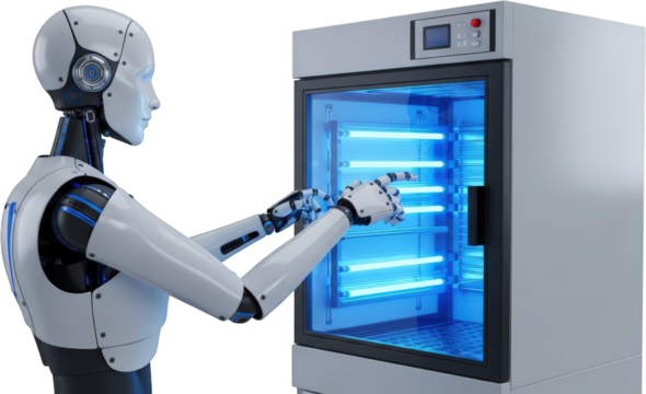 Futuristic Robot Interacting with Advanced UV Sterilization Machine