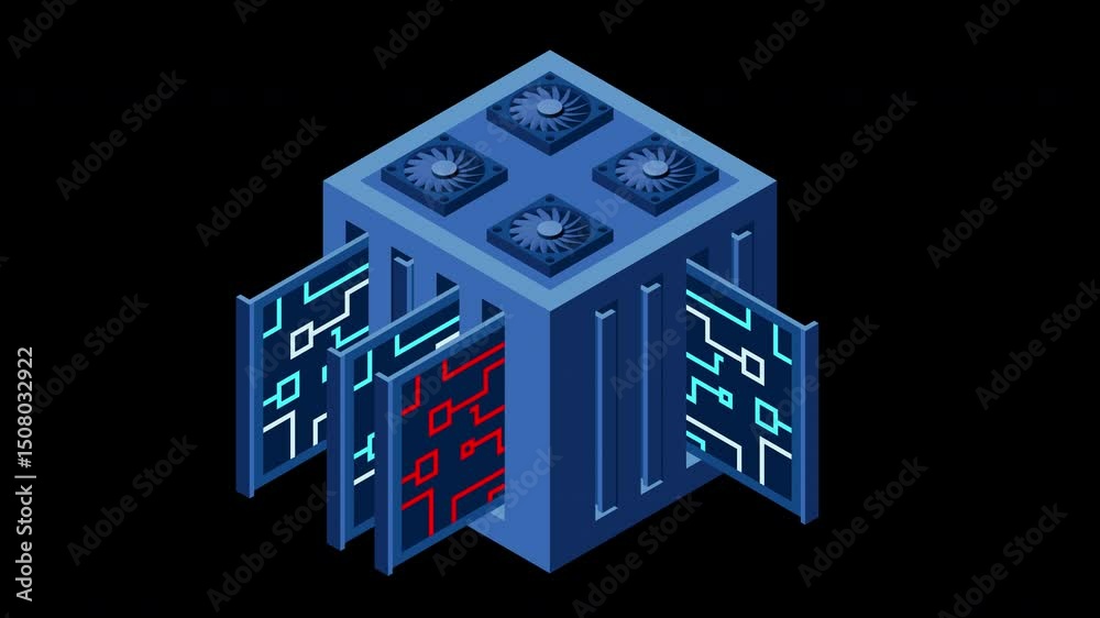 Poster Isometric futuristic server animation. Isometric database or data center. Abstract blockchain. Computer storage. Cloud storage. Transparent background with alpha channel
