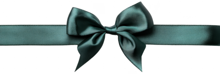 Dark teal satin ribbon tied in an elegant bow with smooth, glossy loops and neat ends.