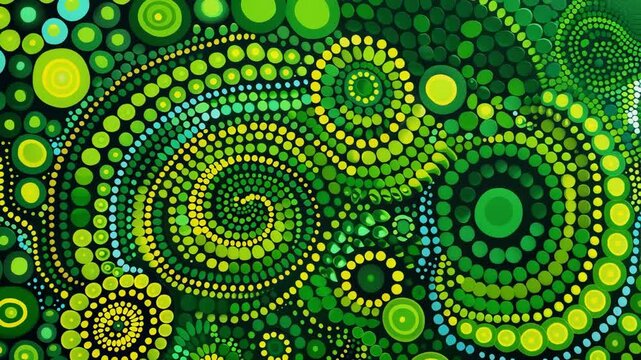 Aboriginal dot painting, bright neon Green color foreground, All over Green background, Generative AI Videos.