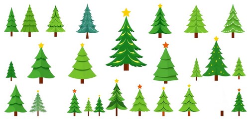 Fototapeta premium Set of stylized green Christmas trees, various shapes and sizes, perfect for holiday designs, ornament, abstract
