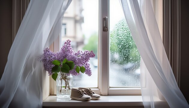 Open window with lilac in jar and children's shoes on the sill, curtains blowing in soft wind. Rainy summer outside. Ideal for editorial use, decor, blogs, emotional storytelling