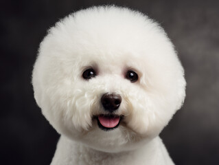 A fluffy white Bichon Frise dog with a cute expression