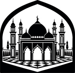 Black and white Islamic mosque vector design, perfect for use in Ramadan campaigns, event posters, and traditional decorations.